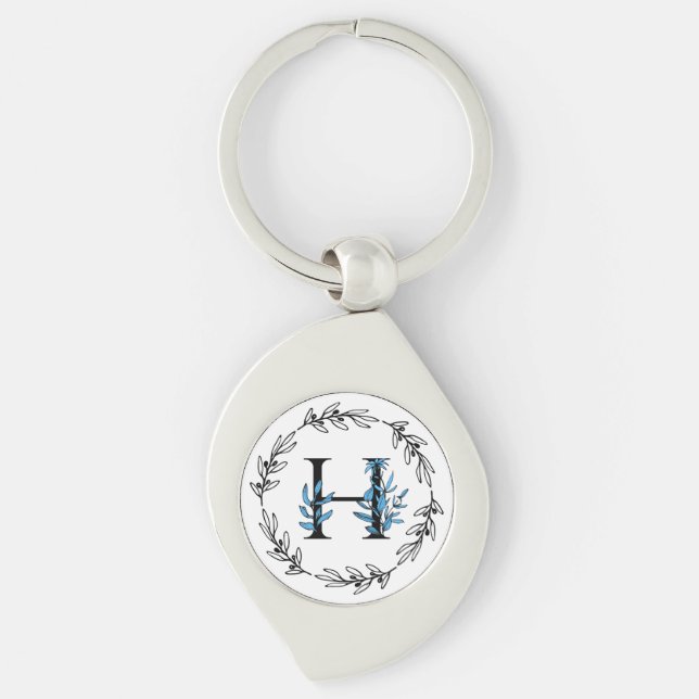 Blue Floral Custom Monogram - Letter H Key Ring (Front)
