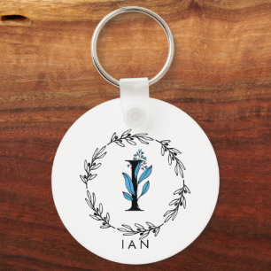 Blue Floral Custom Monogram - Letter I Key Ring
