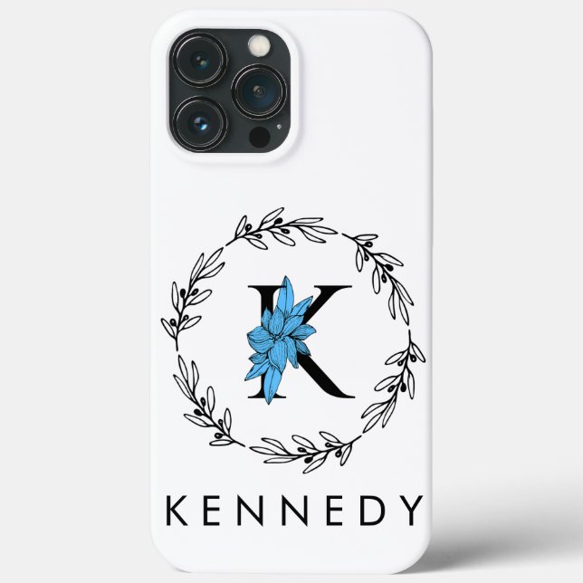 Blue Floral Custom Monogram - Letter K Case-Mate iPhone Case (Back)