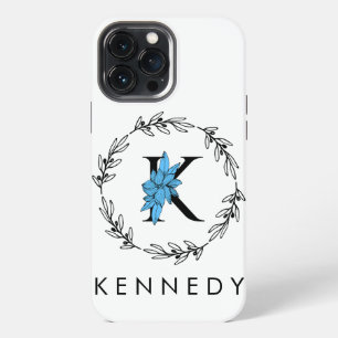 Blue Floral Custom Monogram - Letter K iPhone 13 Pro Max Case