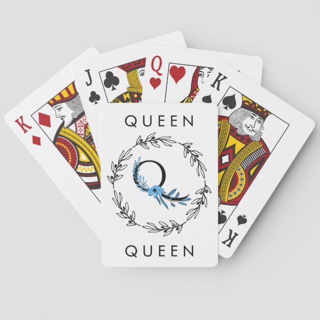 Blue Floral Custom Monogram - Letter Q Playing Cards (Back)