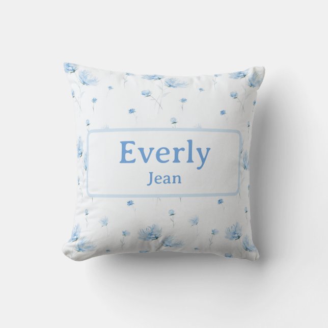 Blue Floral Custom Name Decor Baby Nursery Cushion (Front)