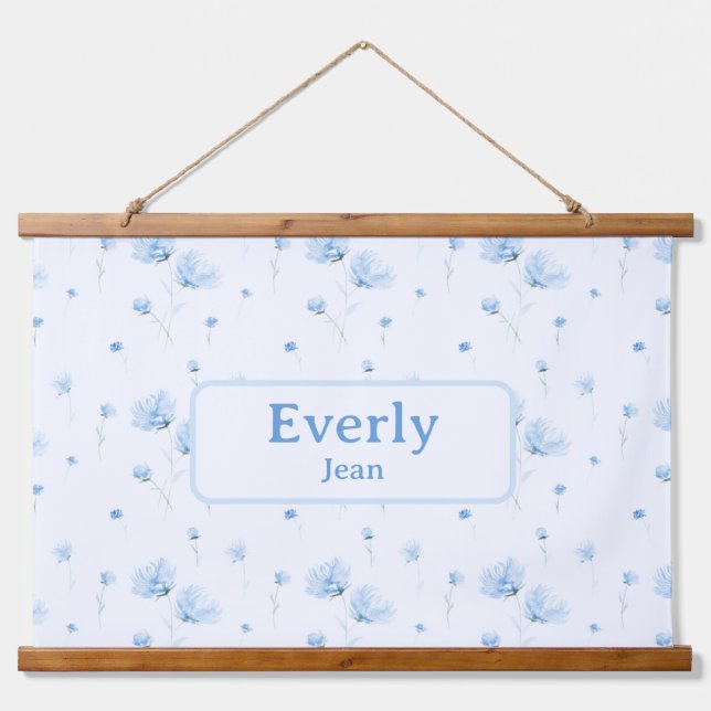 Blue Floral Custom Name Decor Baby Nursery Hanging Tapestry (Front)