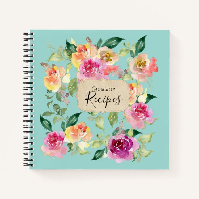 Blue floral custom name recipe book Notebook (Front)