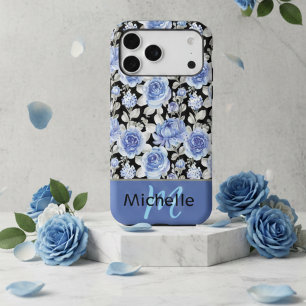 Blue Floral Custom Name Stylish Roses on Black