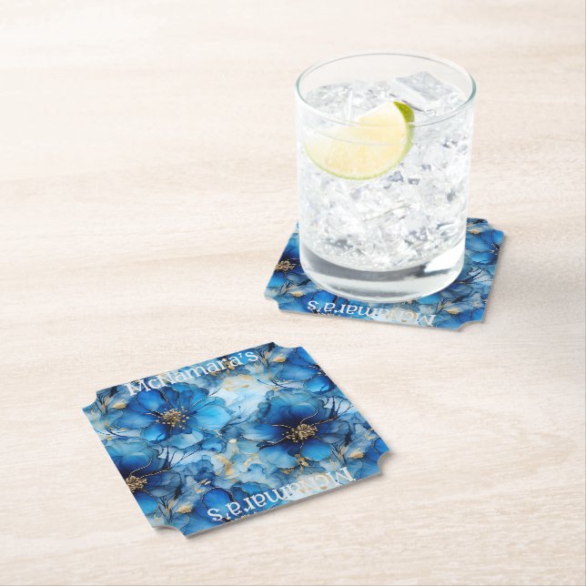 Blue Floral Custom paper coasters (Insitu)