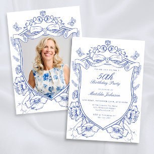 Blue Floral Custom Photo 50th Birthday Party Invitation