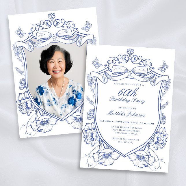 Blue Floral Custom Photo 60th Birthday Party Invitation (Blue Floral Custom Photo 60th Birthday Party Invitation)