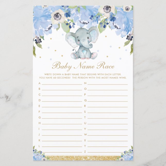 Blue Floral Cute Elephant Baby Name Race Game (Front)