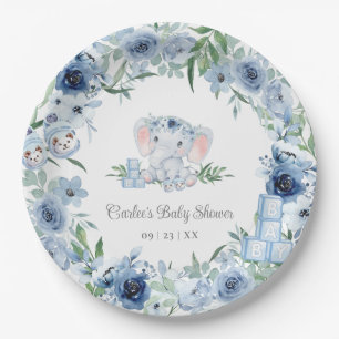 Blue Floral Cute Elephant Boy Baby Shower Paper Plate