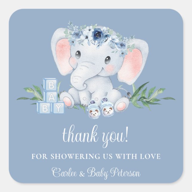 Blue Floral Cute Elephant Boy Baby Shower Sticker (Front)
