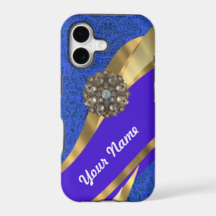 Blue floral damask & gold ribbon