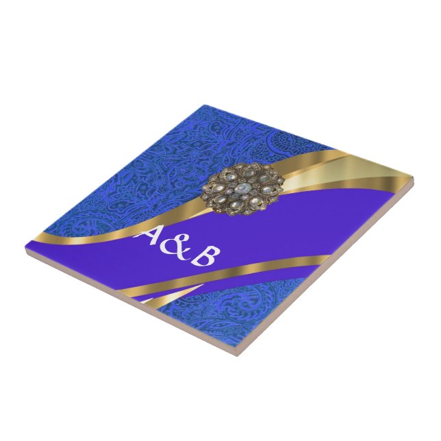 Blue floral damask & gold ribbon ceramic tile (Side)