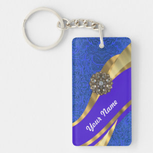 Blue floral damask & gold ribbon key ring