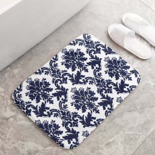 Blue floral damask on white background bath mat