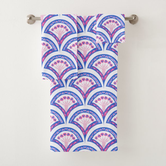 blue floral damask pattern  bath towel set (Insitu)