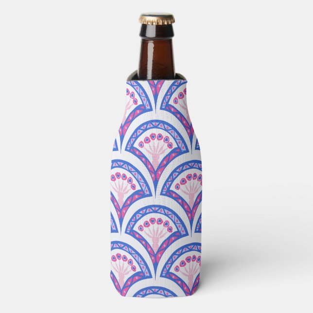 blue floral damask pattern  bottle cooler (Bottle Front)