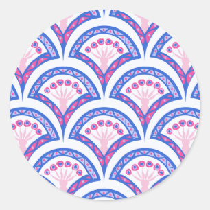 blue floral damask pattern classic round sticker