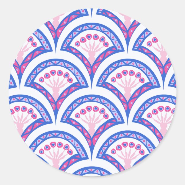 blue floral damask pattern  classic round sticker (Front)