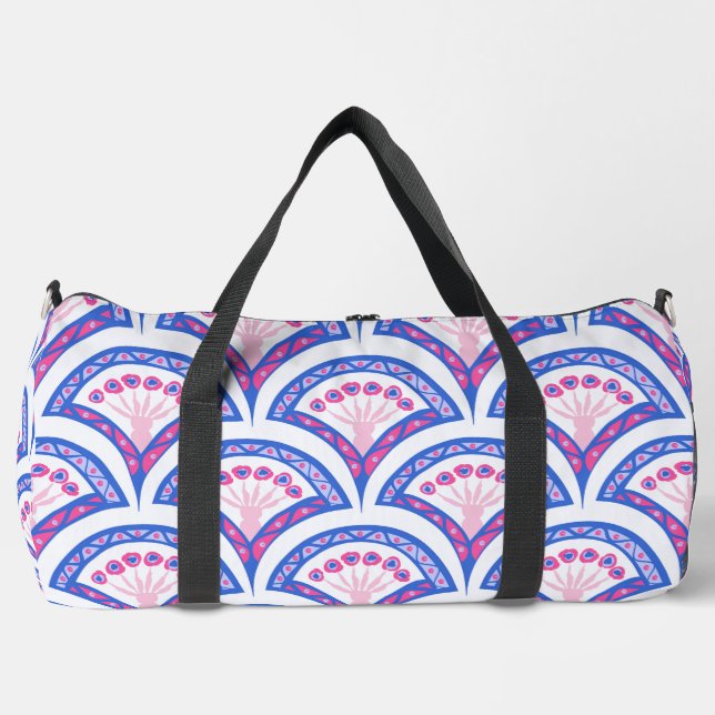 blue floral damask pattern  duffle bag (Front)