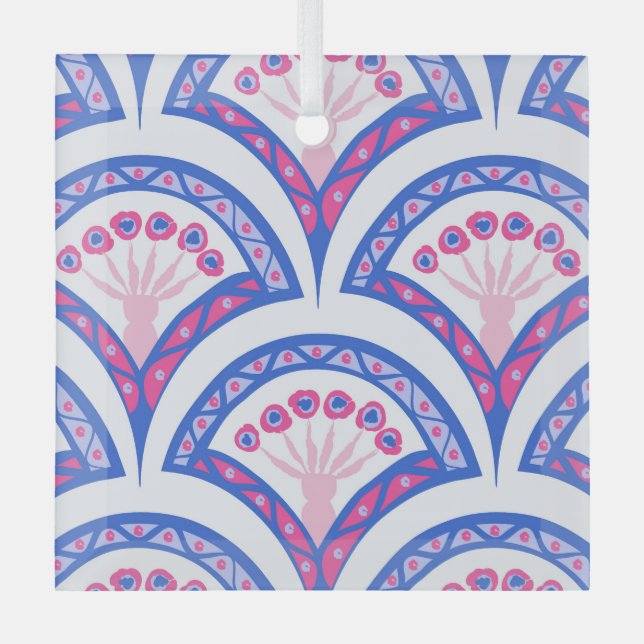 blue floral damask pattern  glass tree decoration (Front)