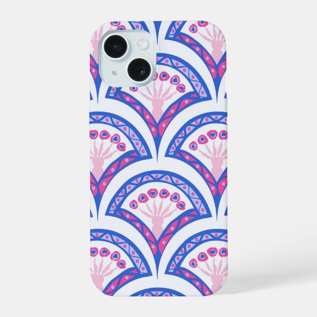 blue floral damask pattern  iPhone 15 case (Back)