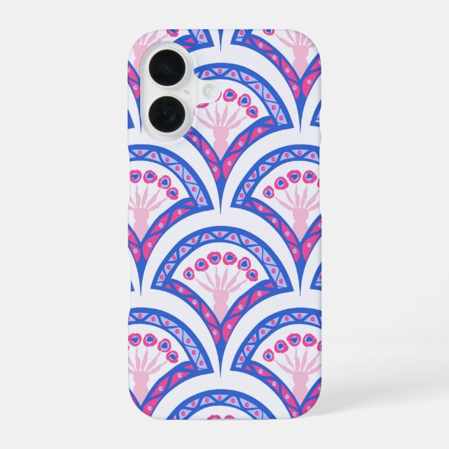 blue floral damask pattern  iPhone 16 case (Back)