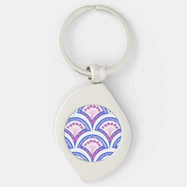 blue floral damask pattern  key ring (Front)