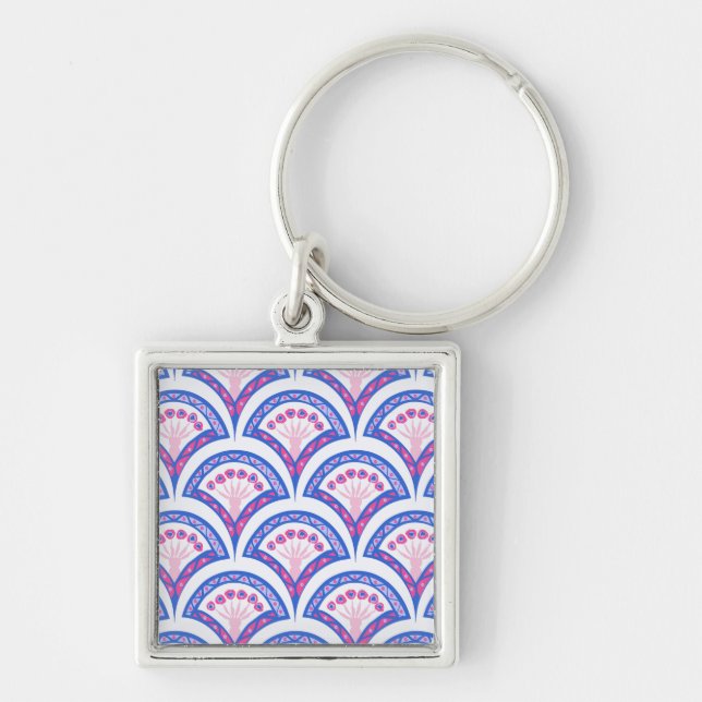 blue floral damask pattern  key ring (Front)