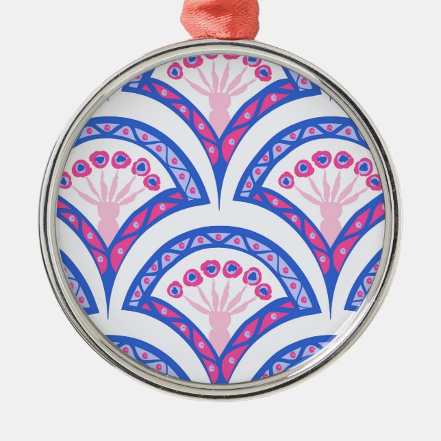 blue floral damask pattern  metal ornament (Front)