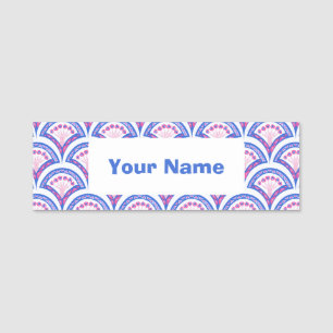 blue floral damask pattern  name tag