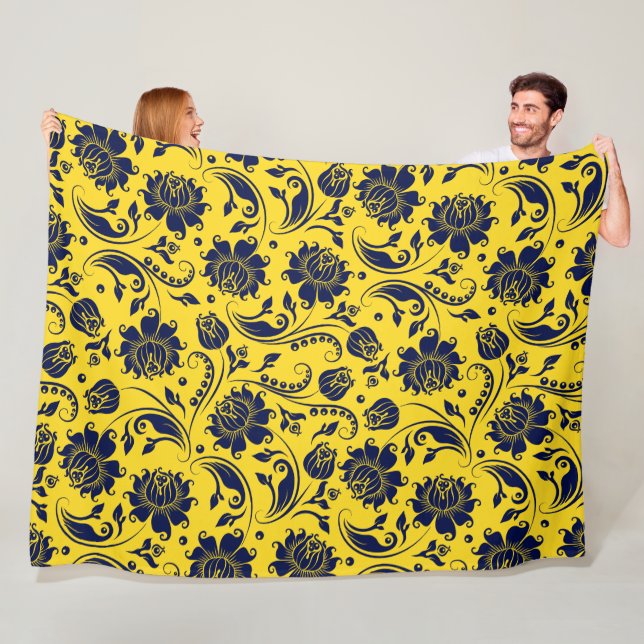 Blue Floral Damask Pattern On Yellow Fleece Blanket (In Situ)