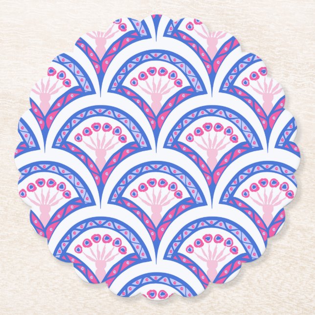 blue floral damask pattern  paper coaster (Front)