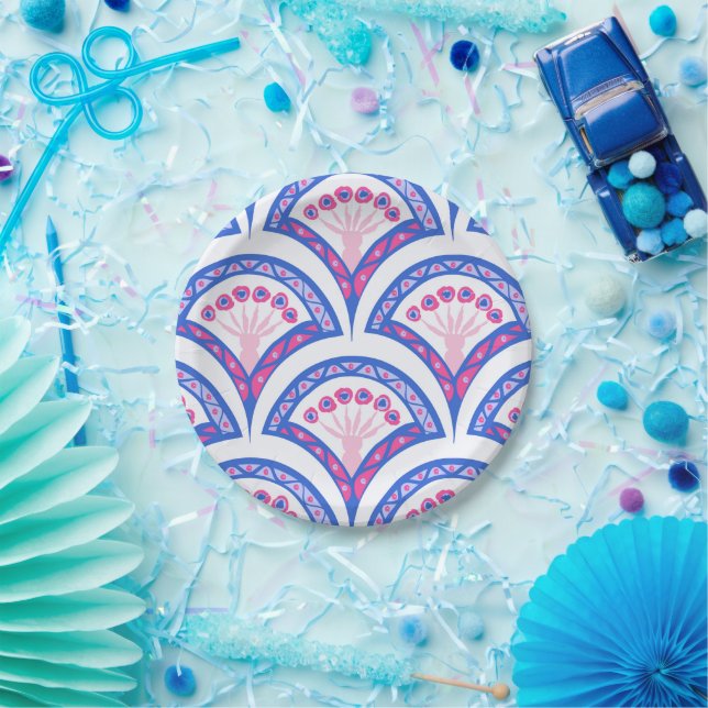 blue floral damask pattern  paper plate (Party)