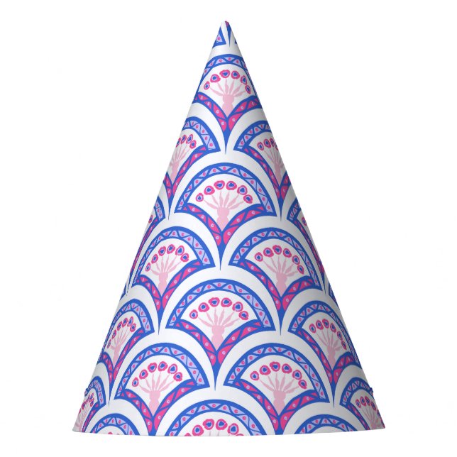 blue floral damask pattern  party hat (Front)