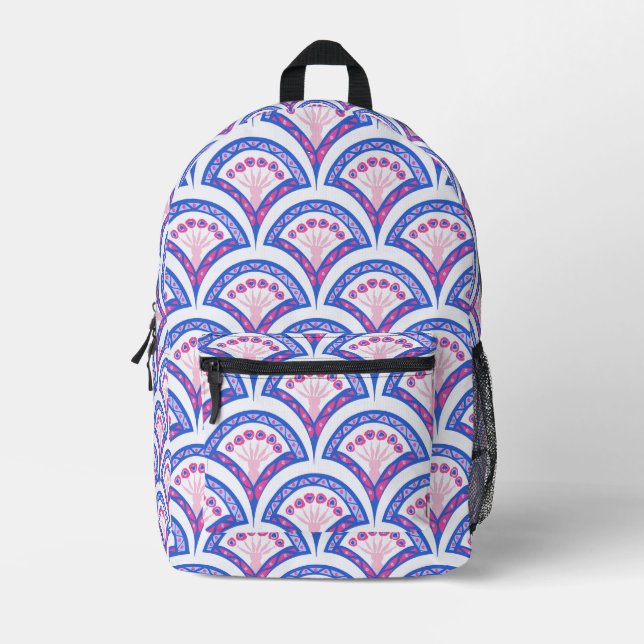 blue floral damask pattern  printed backpack (Front)