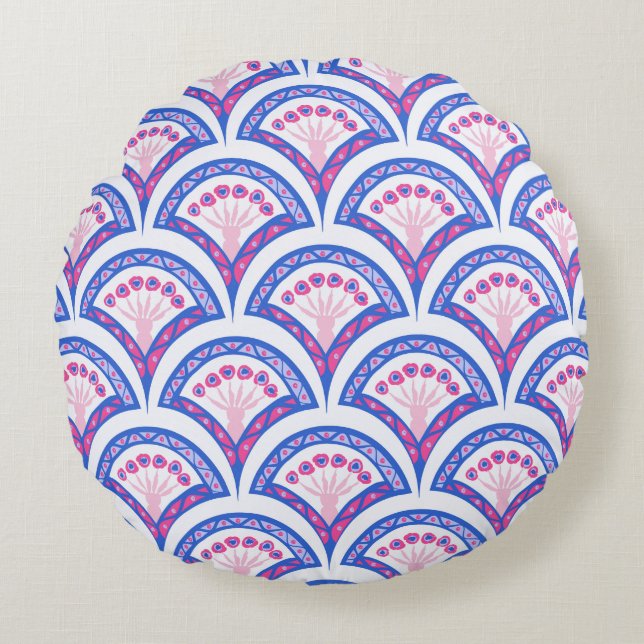 blue floral damask pattern  round cushion (Front)