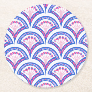 blue floral damask pattern round paper coaster
