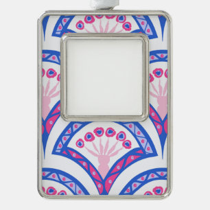 blue floral damask pattern silver plated framed ornament