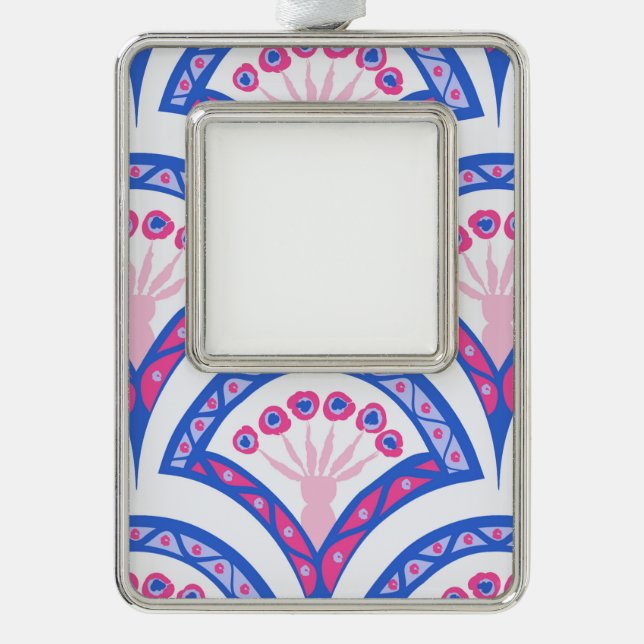 blue floral damask pattern  silver plated framed ornament (Front)