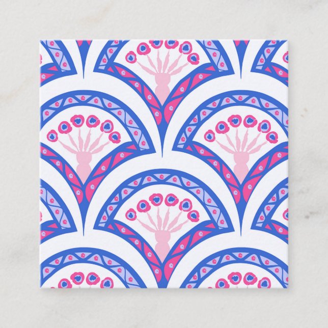 blue floral damask pattern  square business card (Front)