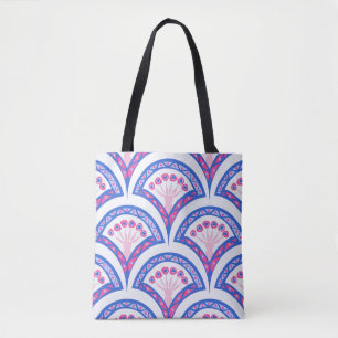 blue floral damask pattern tote bag