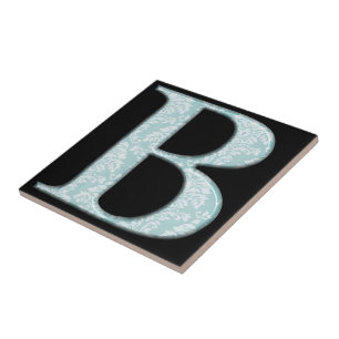 Blue Floral Damask Print B monogram initials Ceramic Tile