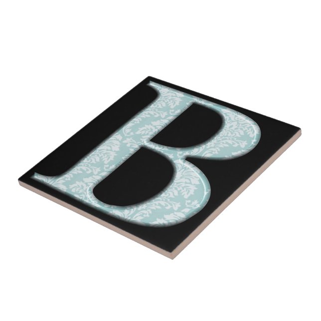 Blue Floral Damask Print B monogram initials Ceramic Tile (Side)