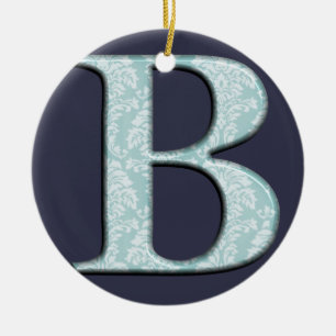 Blue Floral Damask Print B monogram initials Ceramic Tree Decoration