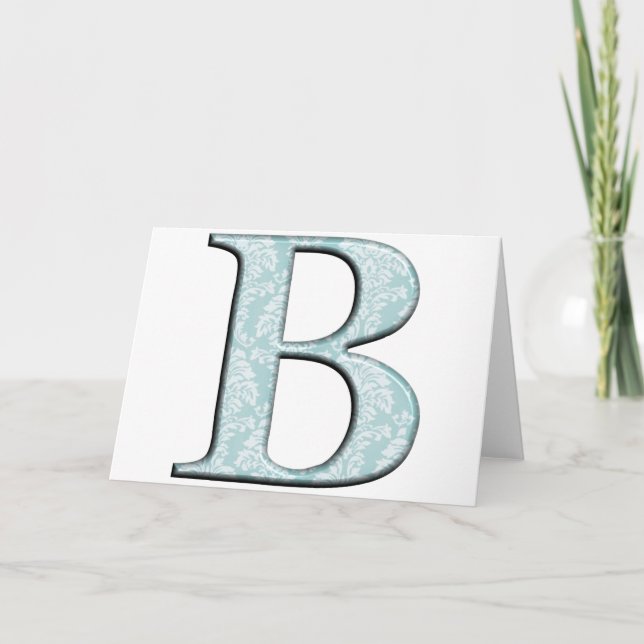 Blue Floral Damask Print B monogram initials Holiday Card (Front)