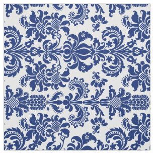 Blue Floral Damasks Custom Yellow Background Fabric