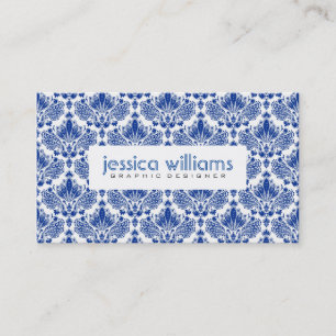 Blue Floral Damasks On White Business Card