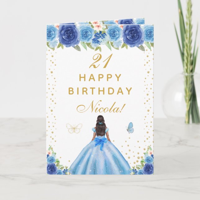 Blue Floral Dark Skin Girl Birthday Card (Front)