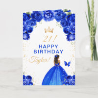 Blue Floral Dark Skin Girl Happy Birthday